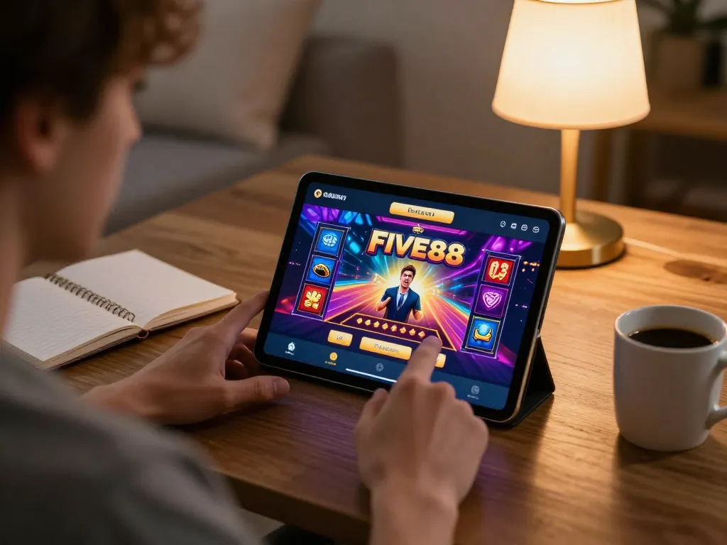 Player engaging with the FIVE88 casino app on tablet in cozy living room
