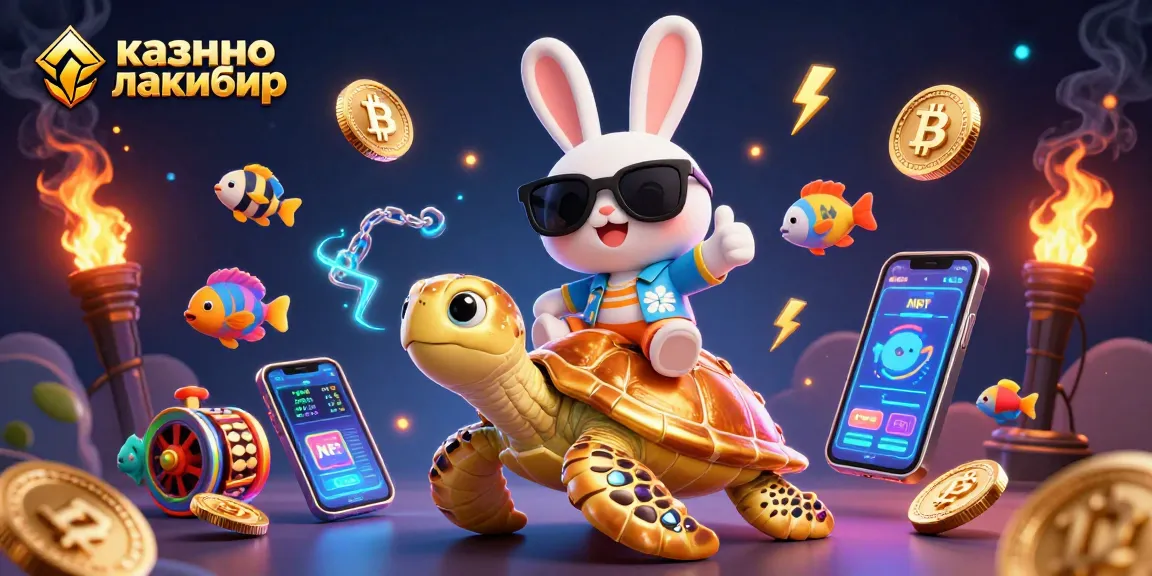 Engage in action at казино лакибир with a lucky rabbit riding a golden sea turtle surrounded by vibrant casino elements.
