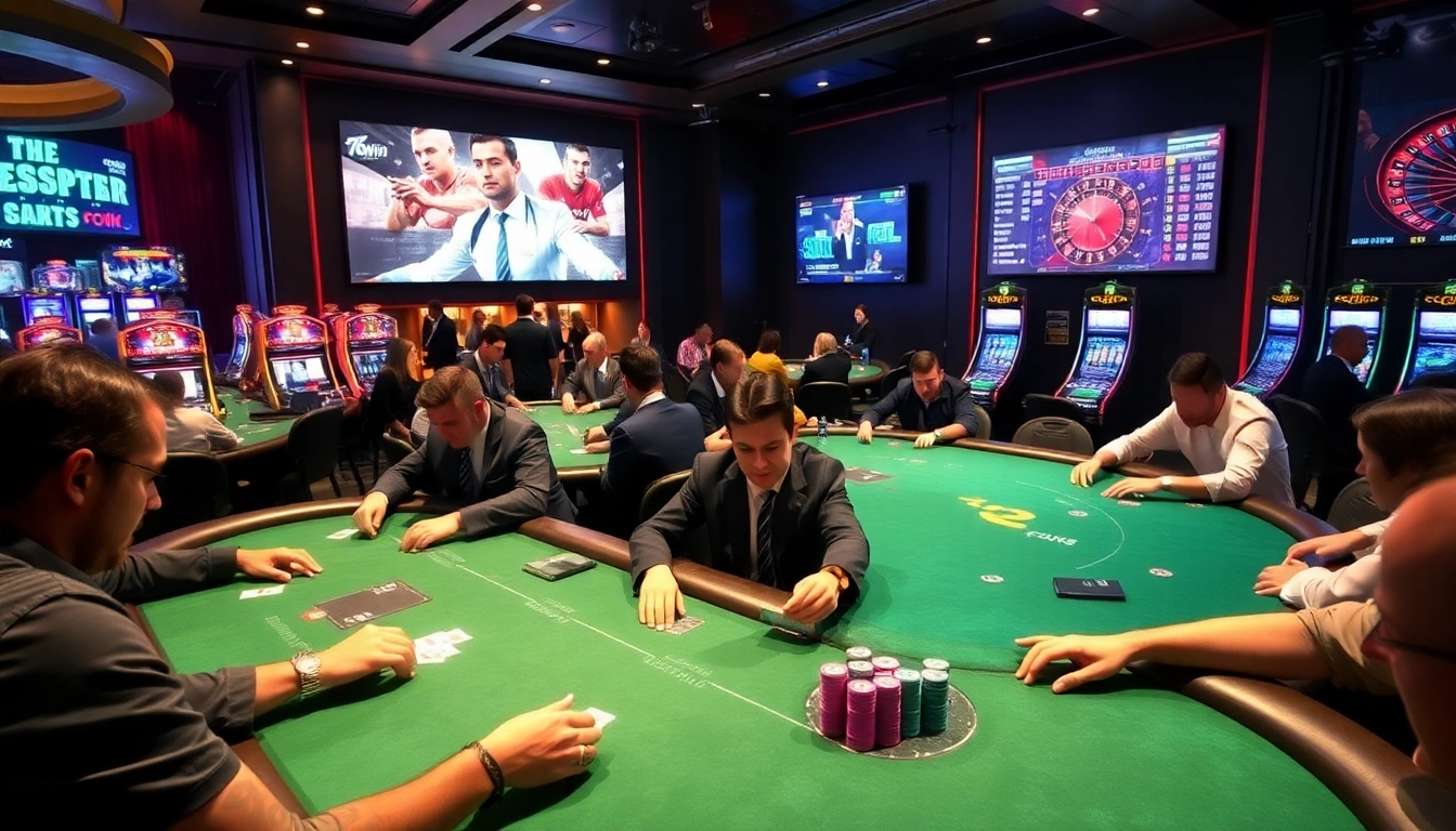 Players enjoy an intense game at 78Win's luxurious casino table with vibrant poker chips and cards.