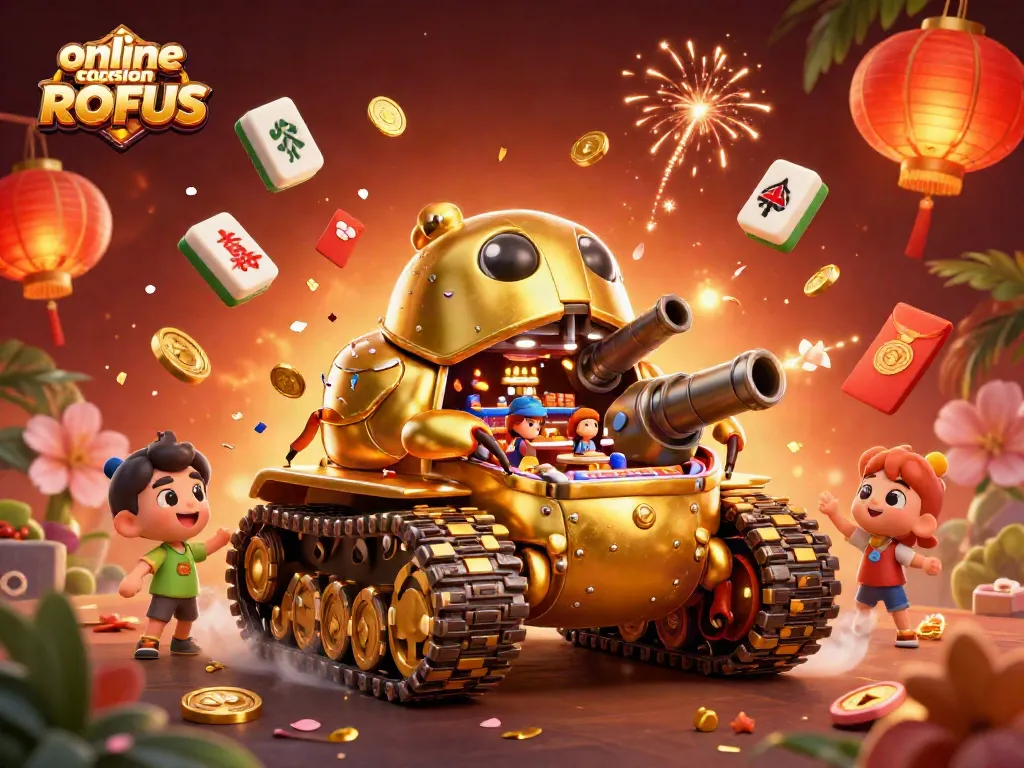 Play at online casino uden ROFUS featuring a golden beetle tank with a miniature gaming setup.