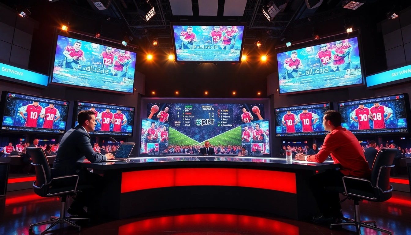 Engaging Sports Broadcasting studio with hosts analyzing games and live screens.