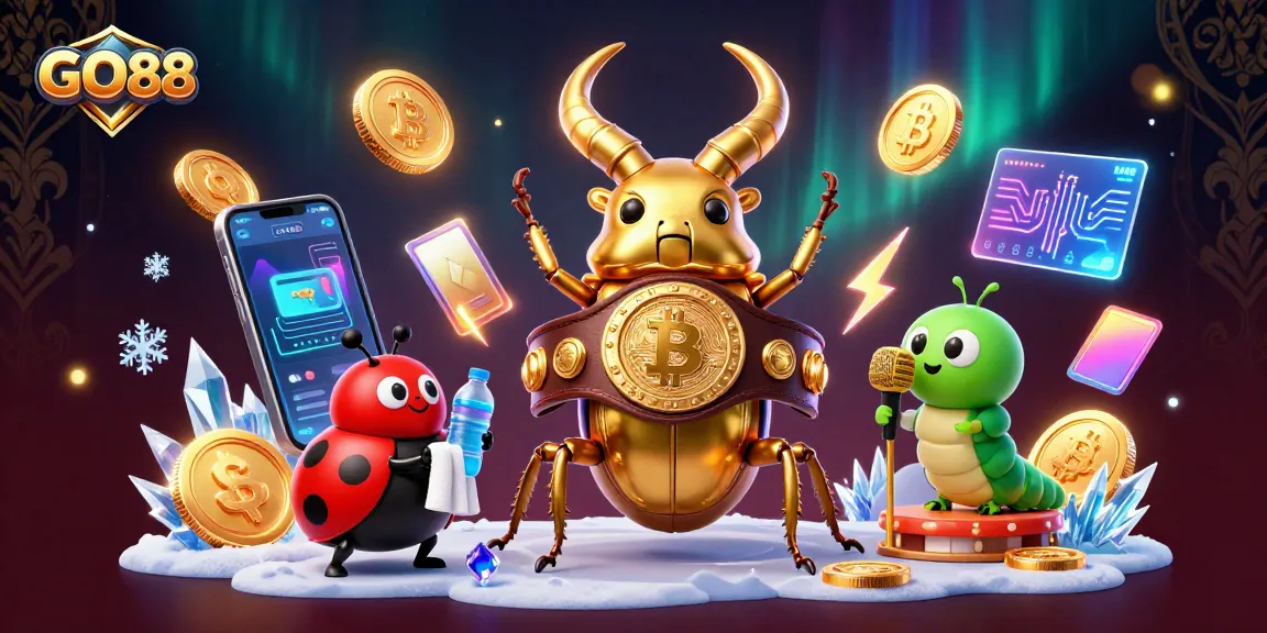 GO88 showcases a vibrant gaming scene with a golden stag beetle champion amidst glowing cryptocurrency coins.