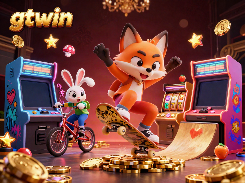 Experience the vibrant excitement of gtwin with dynamic characters and casino-themed elements in a rich 3D scene.