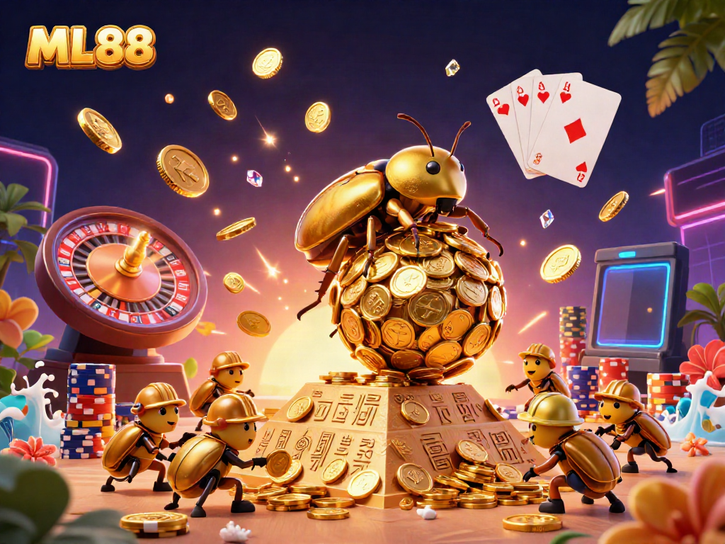 Exciting ML88 gaming scene featuring a golden dung beetle rolling coins amidst casino symbols