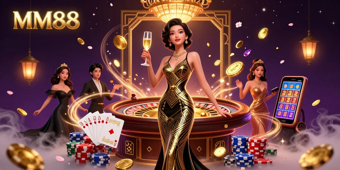 Experience MM88's vibrant casino atmosphere with elegant character and dynamic visual elements.