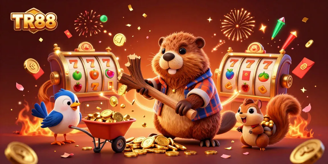 TR88 showcases a vibrant scene with a beaver, bird, and squirrel celebrating with slots and golden coins.