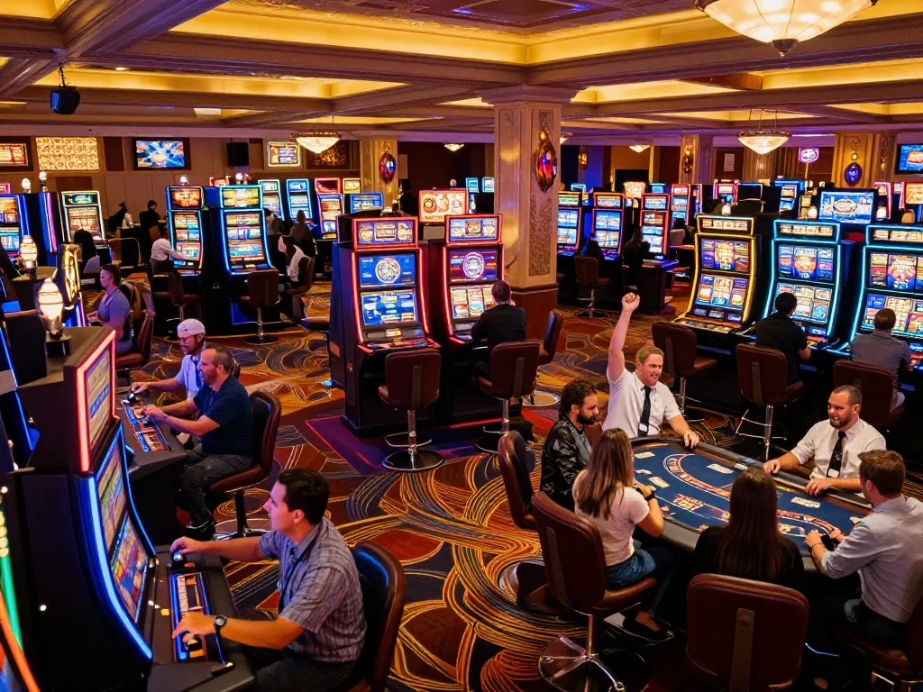 Players enjoying vibrant slot machines at https://go8.onl/, celebrating wins in a lively casino.