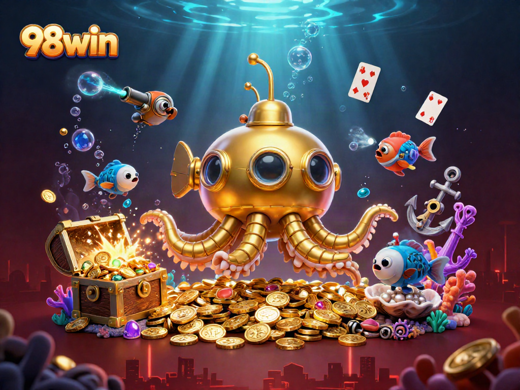 Experience the thrill of 98win with a dynamic underwater casino adventure illustration.