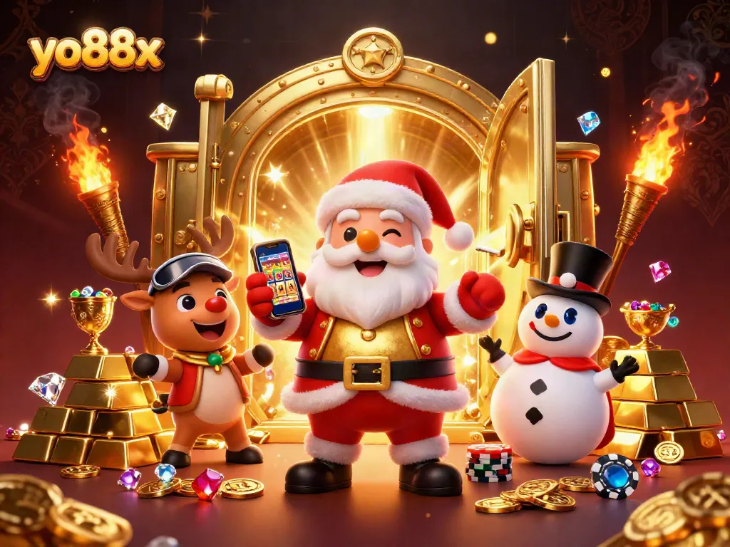 Experience the excitement of yo88x with Santa, reindeer, and snowman in a jackpot scene.
