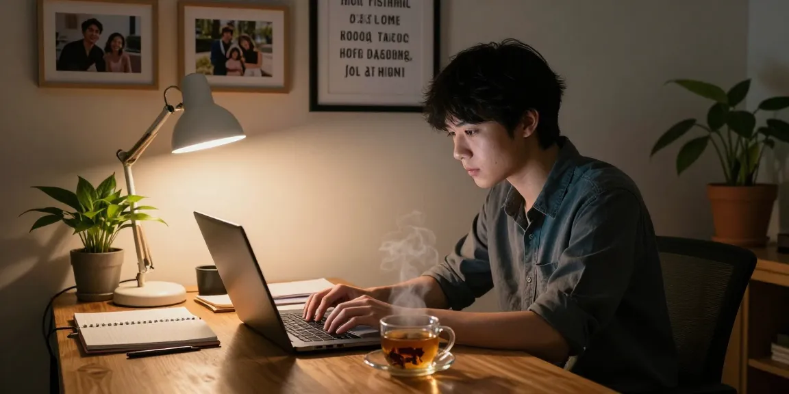A person reflecting while using a laptop in a cozy home office, embodying resilience in their journey, related to rokok88 login.