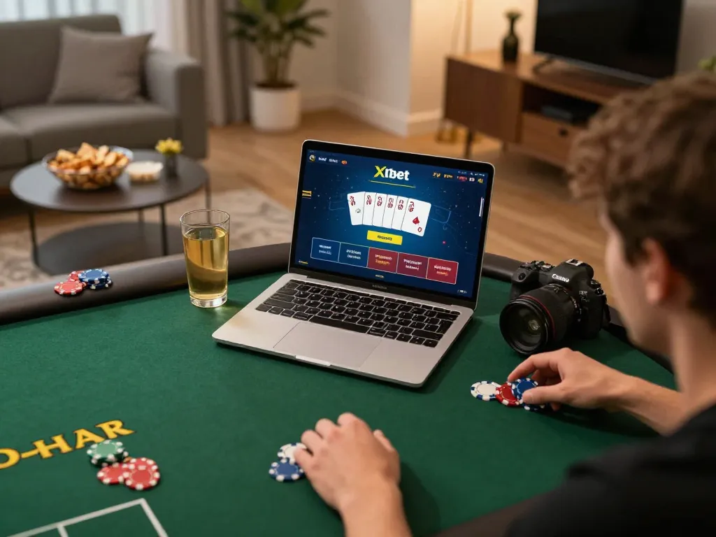 Xibet online casino gameplay on a laptop showcasing poker action in a cozy home setting