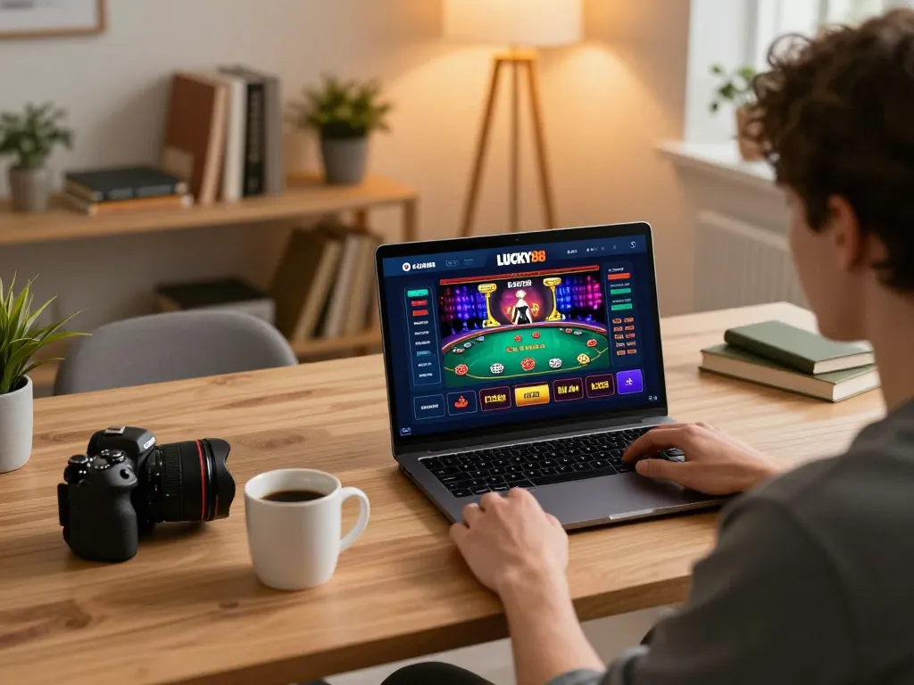 Engaging in strategic gameplay on the LUCKY88 online casino app at home, cozy atmosphere.