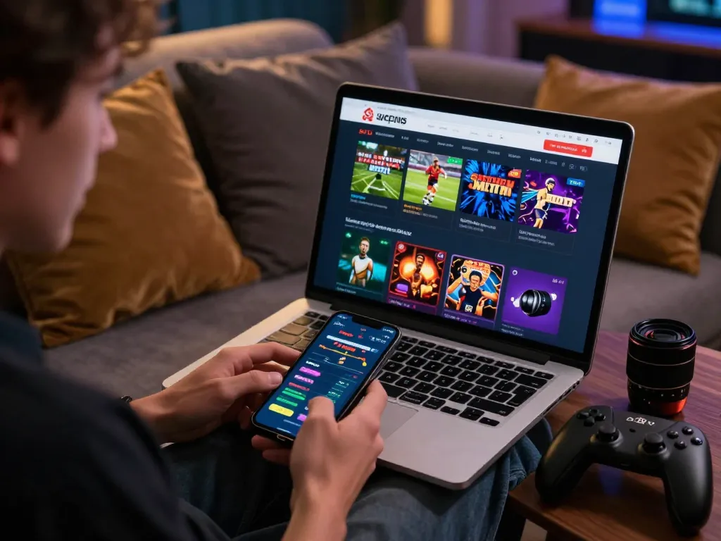 Engaging online gambling experience on a laptop showcasing nhà cái uy tín in a modern, inviting living room setting.