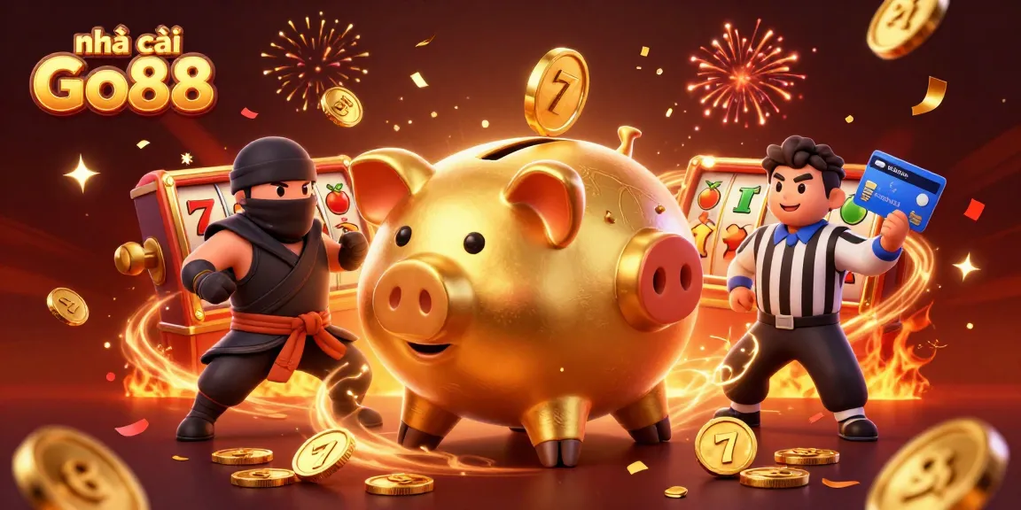 Engage with games at nhà cái Go88 featuring a piggy bank wrestler and vibrant casino symbols.