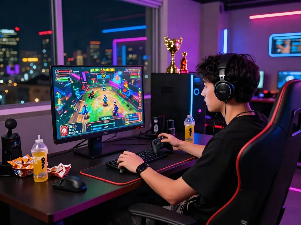 Player enjoying slot88 gaming experience at a stylish gaming setup with vibrant visuals.