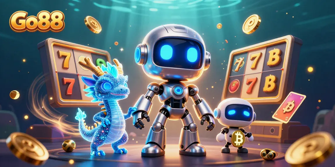 Engage with Go88's vibrant gambling universe featuring a cyberpunk robot, a holographic dragon, and exciting slot elements.