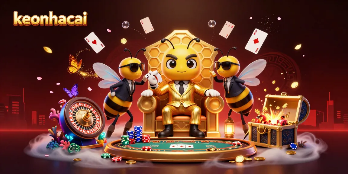 Engage with keonhacai's thrilling casino world featuring a bumblebee mob boss amidst vibrant gaming elements.
