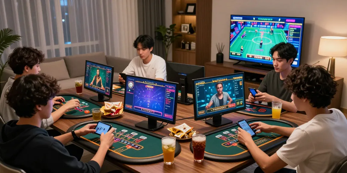 Exciting บาคาร่าออนไลน์ gaming scene with players strategizing in a stylish living room, emphasizing fun and engagement.