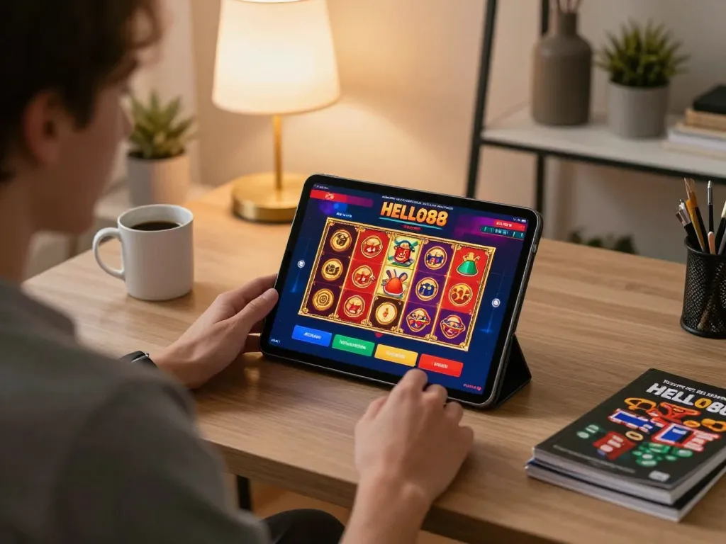 Engaging in online gambling with HELLO88 app on tablet, showcasing home gaming atmosphere and strategy.