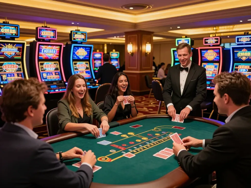 Players enjoying thrilling gameplay at cm88 casino with vibrant slot machines in background.