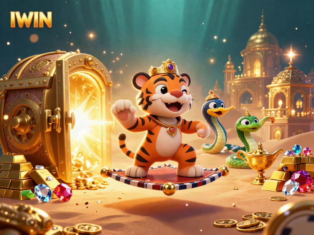 Spin for riches with IWIN’s vibrant 3D casino scene featuring an Arabian sultan and treasures.