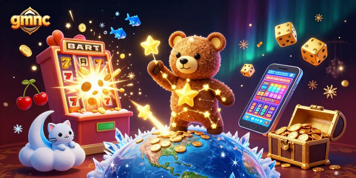 Gmnc gamblers engage with a constellation bear and starry companions in a vibrant casino environment.