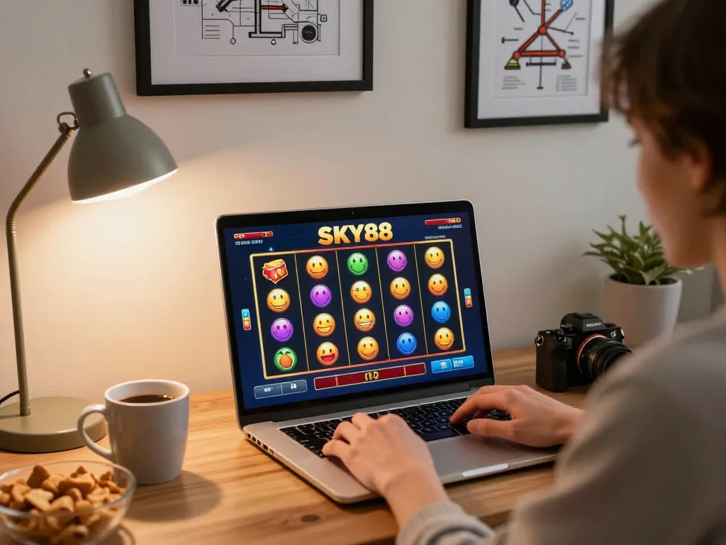 Engaging in SKY88 online slots gaming with colorful reels and strategic notes nearby