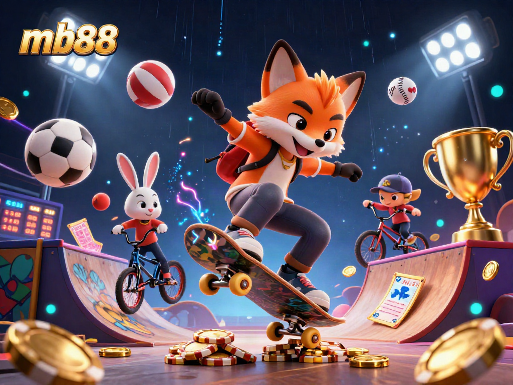 Experience dynamic action from mb88 with a skateboarder fox and BMX rabbit in a vibrant casino-themed scene.