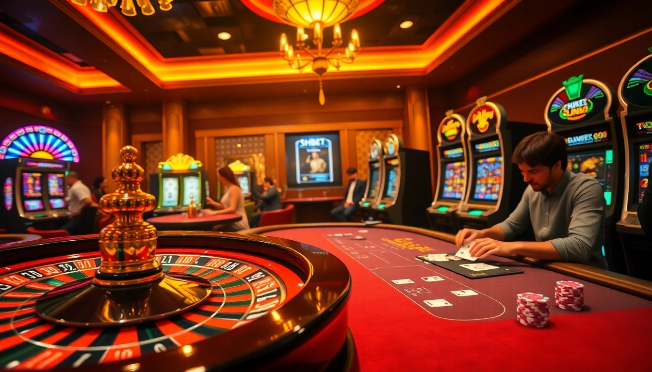 Exciting gaming action at SHBET casino, featuring poker tables, roulette wheels, and vibrant slot machines.