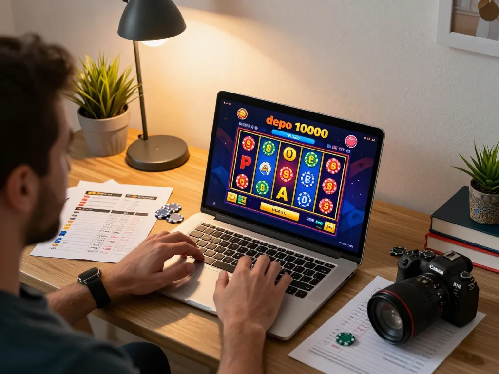 Player engaging with slot depo 10000 games on a laptop in a modern and cozy home environment, showcasing exciting online gambling.