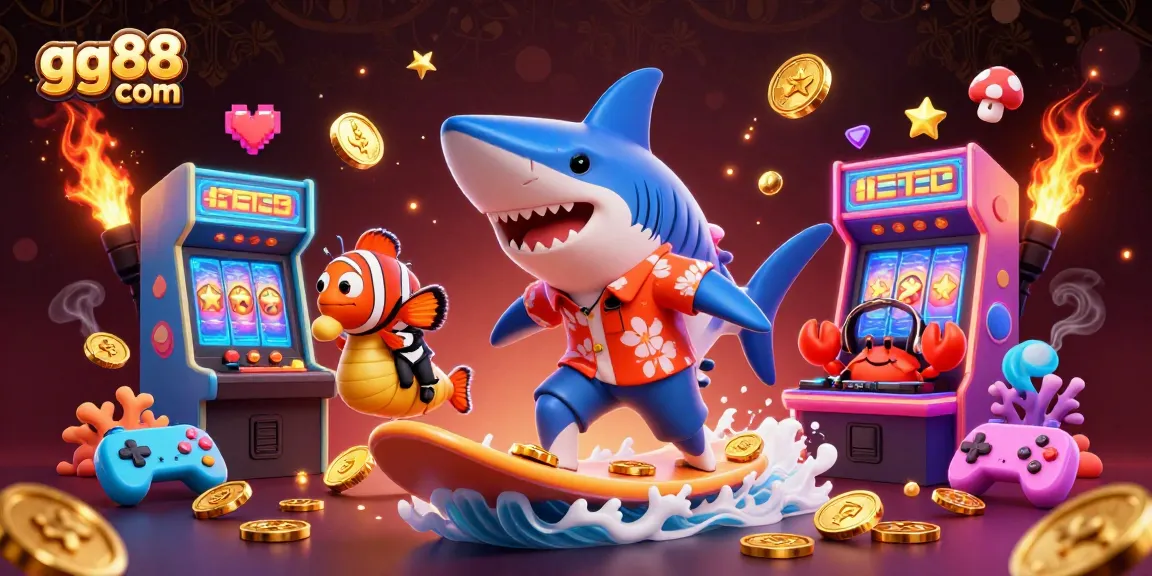 The vibrant scene of gg88 com showcases thrilling gaming action with characters surfing on gold coins and dynamic casino elements.