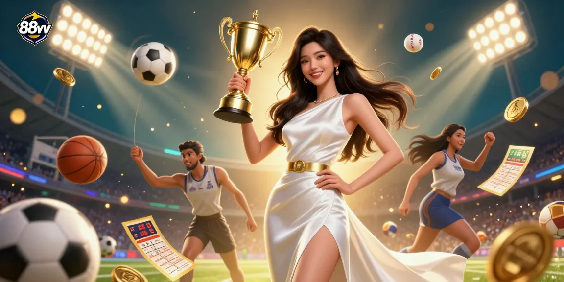 Experience the thrill of betting with 88vv, highlighting a victorious Asian woman surrounded by dynamic sports elements.