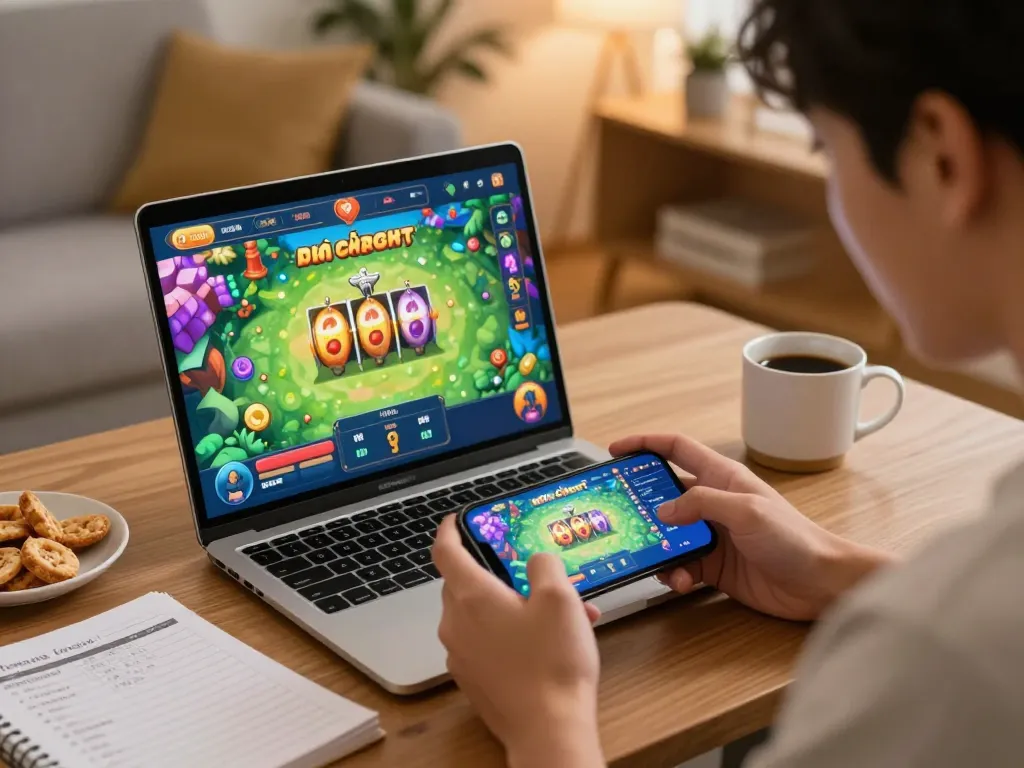 Engaged player experiencing the nổ hũ sp8bet game on smartphone in a cozy home setting