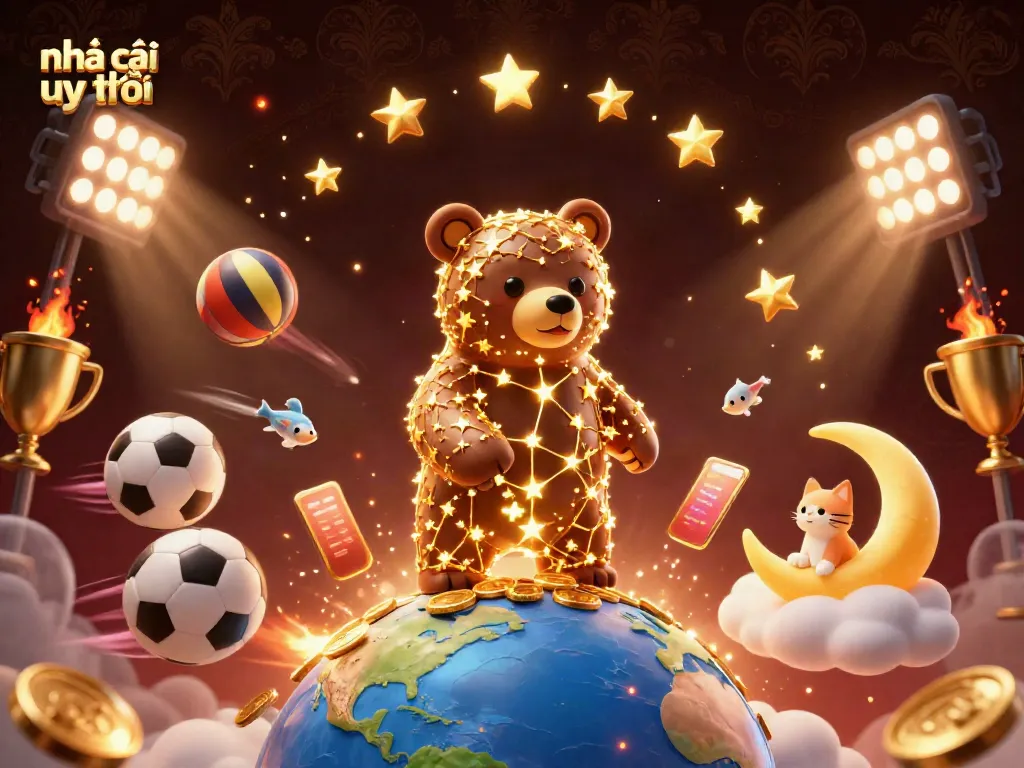 Experience the magic of nhà cái uy tín with a constellation bear scooping coins and sports elements swirling around.