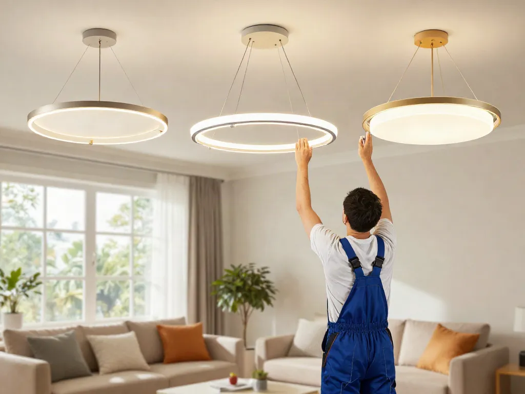 Instalare lustre LED de către un profesionist într-un decor modern.