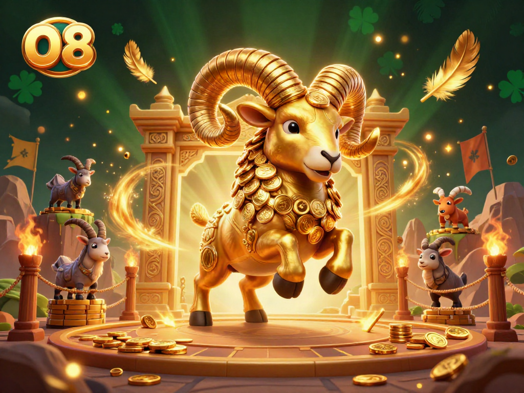 Join the exhilarating action at O8 with a golden ram charging through a vibrant casino scene filled with tokens.