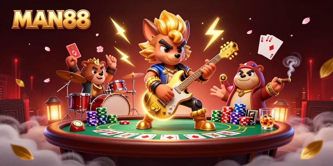 Experience the excitement of MAN88 with vibrant casino action featuring a rock star wolf and colorful poker elements.
