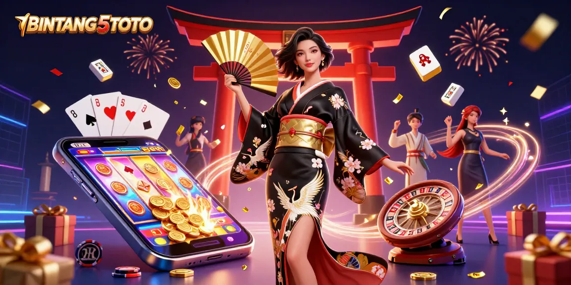 BINTANG5TOTO showcases an elegant Asian woman in a kimono, celebrating gambling with vibrant casino elements.