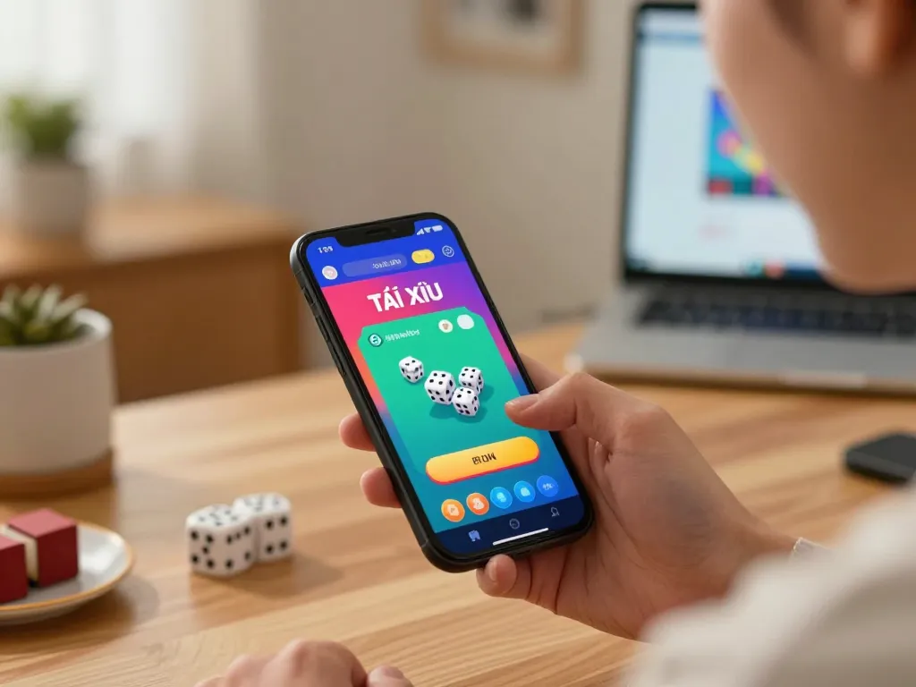 Player engaging with the taixiuonlinego mobile app, showcasing colorful dice animations and a cozy setting.