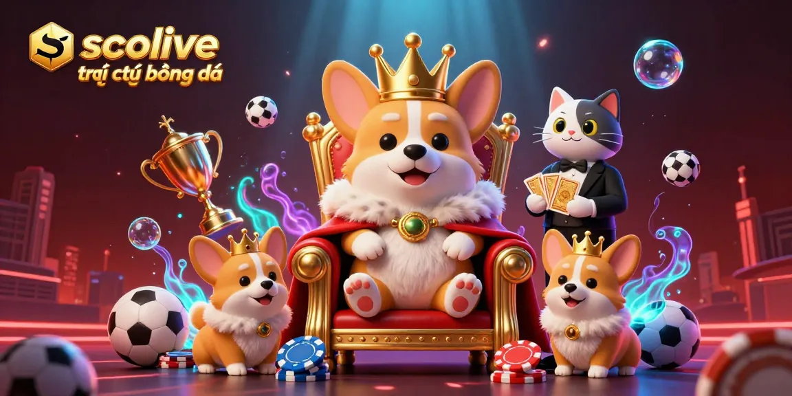Socolive trực tiếp bóng đá scene featuring a royal corgi in a golden crown surrounded by sports betting elements.