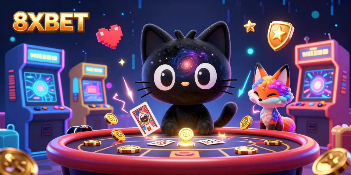 Join the fun at 8XBET as the cosmic cat attracts golden chips and cards at the casino!