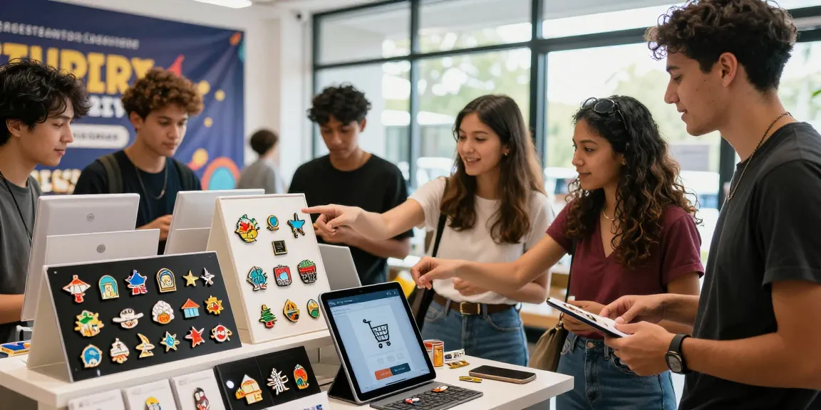 Diverse customers browsing custom enamel pins in a vibrant online store, showcasing unique designs.