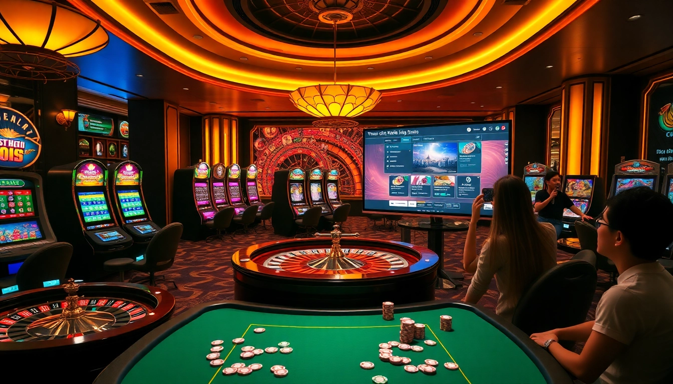 An engaging gaming experience at Trang chủ Nohu90 featuring a stylish roulette wheel and vibrant slot machines.