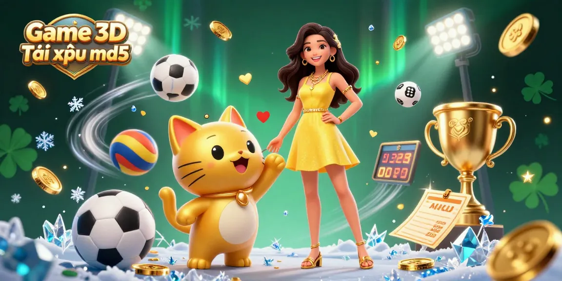 Engage in the vibrant Game 3D Tài xỉu md5 with a cheerful Asian woman and a golden lucky cat, embodying excitement!