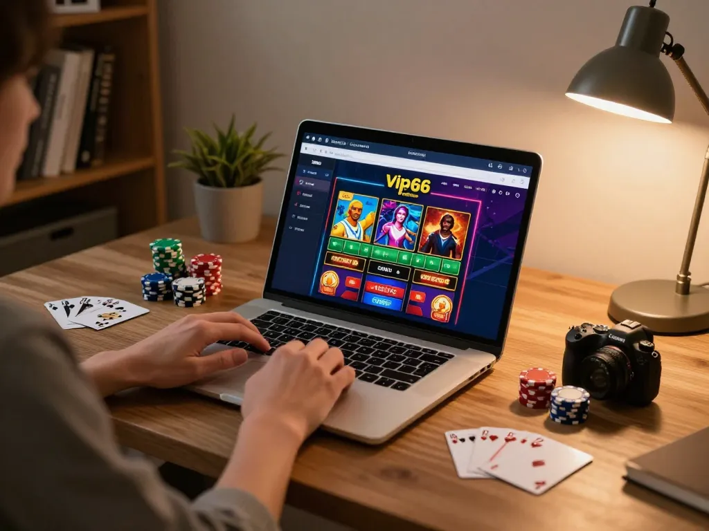 Player engaging with vip66 games on a stylish laptop in a cozy home office, enhancing online gaming experience.