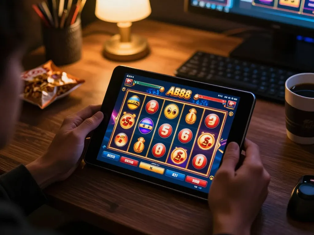 Engaged player spinning colorful slot88 reels on tablet demonstrating an exciting online casino experience.