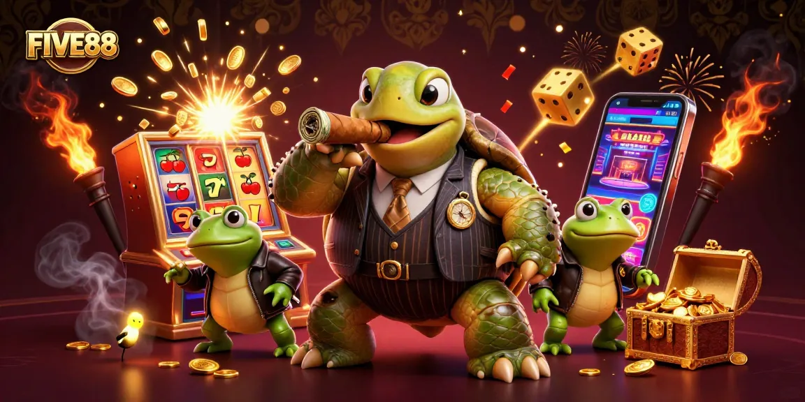Experience the excitement of FIVE88 with colorful casino games and a lively atmosphere from this detailed illustration.