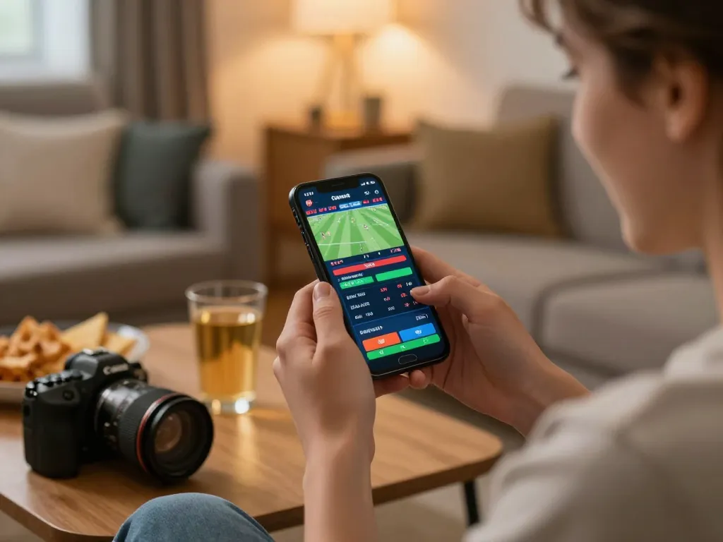 Engaged user placing a bet via smartphone on i9bet đăng nhập app in a cozy home setting.