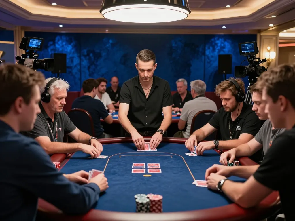 VA88 intense poker tournament scene with players strategizing and a focused dealer, vibrant casino atmosphere.