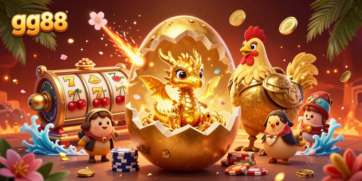 Spin the reels of gg88's slots with a vibrant illustration showcasing a golden dragon, poker chips, and lucky symbols.